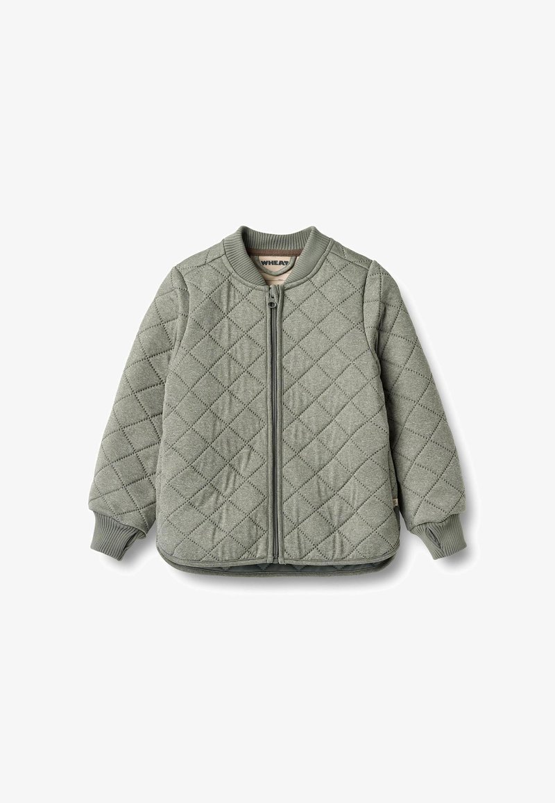 Quilted bomber jacket in muted green, featuring a zip front, ribbed cuffs, and neckline, with diamond pattern stitching. Soft texture.