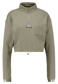 Kaki, kortad sweatshirt med hög krage, kvartdragkedja, framficka och vit Adidas-logotyp. Har långa ärmar och randiga cuffs.