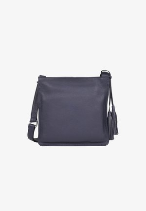 Marineblaue Leder-Crossbody-Tasche mit glatter Textur, einfachem rechteckigem Design, verstellbarem Riemen und dekorativen Quasten auf einer Seite.