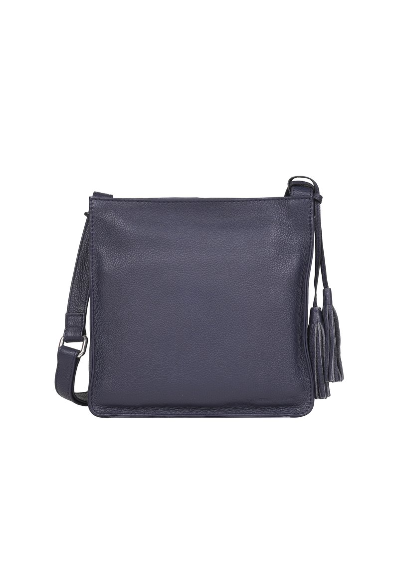 Borsa a tracolla in pelle blu navy con una texture liscia, design rettangolare semplice, tracolla regolabile e nappine decorative su un lato.