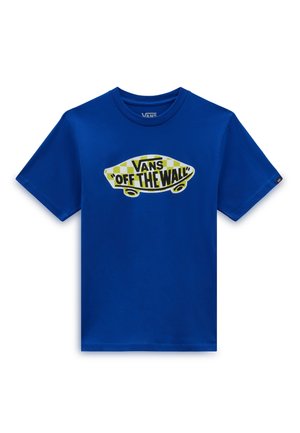 Blaues Vans T-Shirt mit einem gelb-weißen Schachbrett-Skateboard-Design und dem Schriftzug "Vans Off The Wall" auf der Vorderseite.