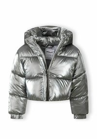 Silberner Puffer-Jacke mit verkürztem Design, Kapuze, Reißverschluss und glänzender Textur. Verfügt über kastenförmige, gesteppte Abschnitte und elastische Bündchen.