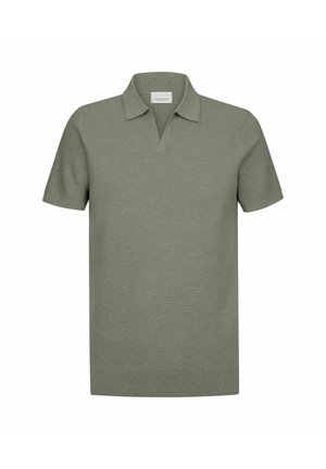 Olivengrøn polo med korte ærmer, tekstureret stof, V-udskæring og lige kant. Minimalistisk design uden synlige mønstre.