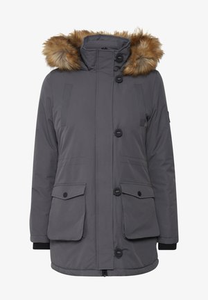 Gray insulated parka with a fur-lined hood, two front flap pockets, button closures, and ribbed cuffs. Smooth, water-resistant fabric.