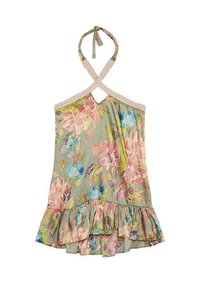 Top de halter con estampado floral y dobladillo de volantes fruncido, que presenta tonos pastel de rosa, azul y verde, hecho de un tejido ligero.