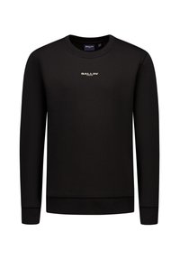 Zwarte longsleeve crewneck sweatshirt met geribbelde manchetten en zoom, met een klein wit "BALLIN'" logo gecentreerd op de borst.