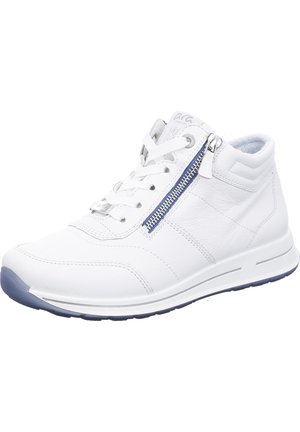 White leather high-top sneaker with blue zipper accent, round toe, and textured surface. Features laces and a cushioned collar for comfort.