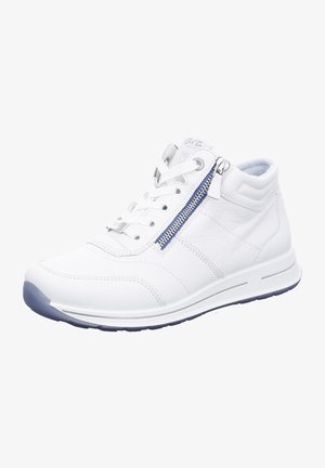 White leather high-top sneaker with blue zipper accent, round toe, and textured surface. Features laces and a cushioned collar for comfort.