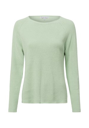 Hellgrüner, gestrickter Pullover mit langen Ärmeln, rundem Halsausschnitt und geripptem Muster. Hat ein Etikett innen am Hals. Größe: S.