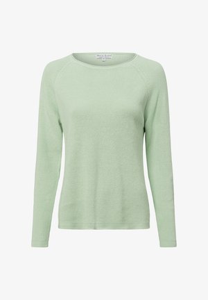 Hellgrüner, gestrickter Pullover mit langen Ärmeln, rundem Halsausschnitt und geripptem Muster. Hat ein Etikett innen am Hals. Größe: S.