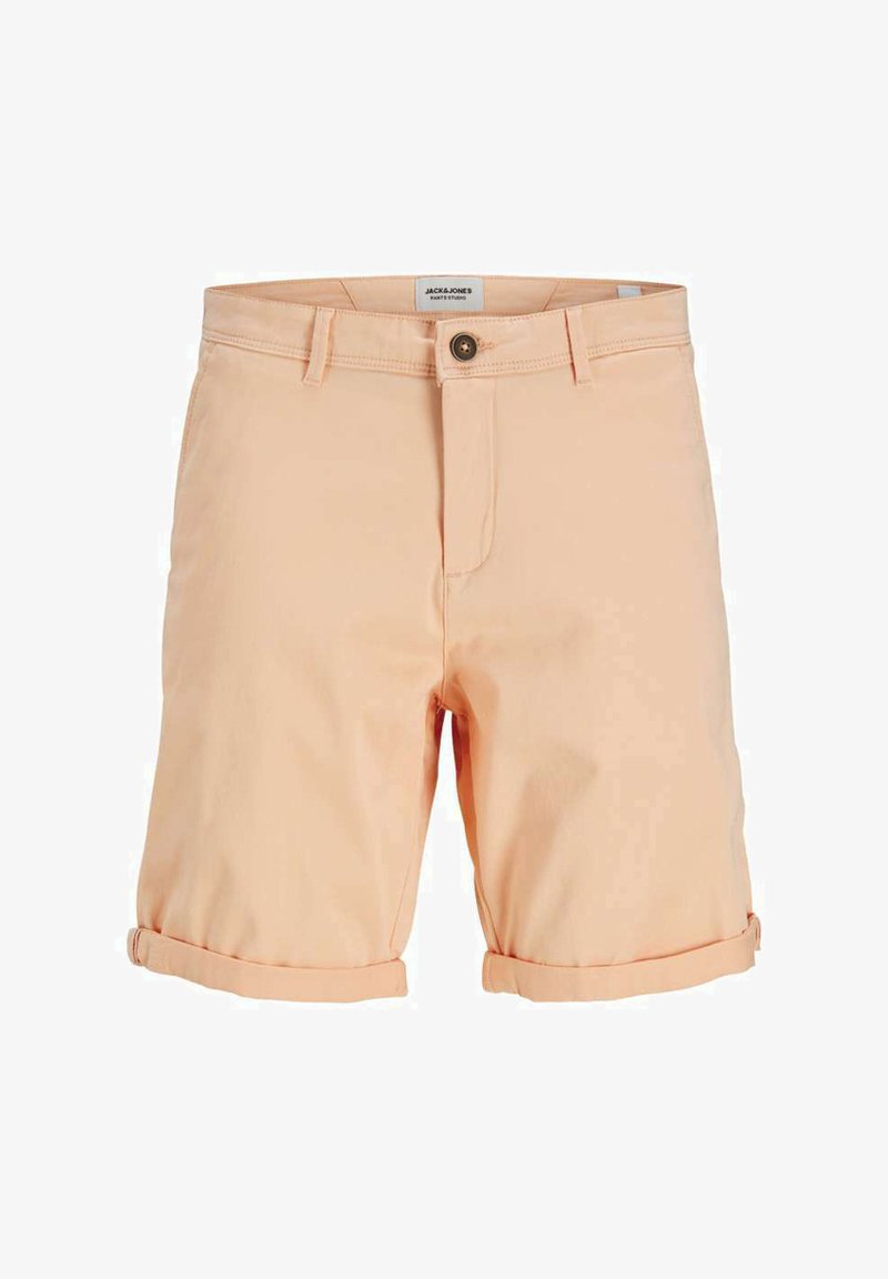 Persikinio spalvos medvilniniai šortai su suveltomis apačiomis, mygtuko užsegimu ir užtrauktuku. Yra diržo kilpos ir logotipo etiketė ant juosmens.