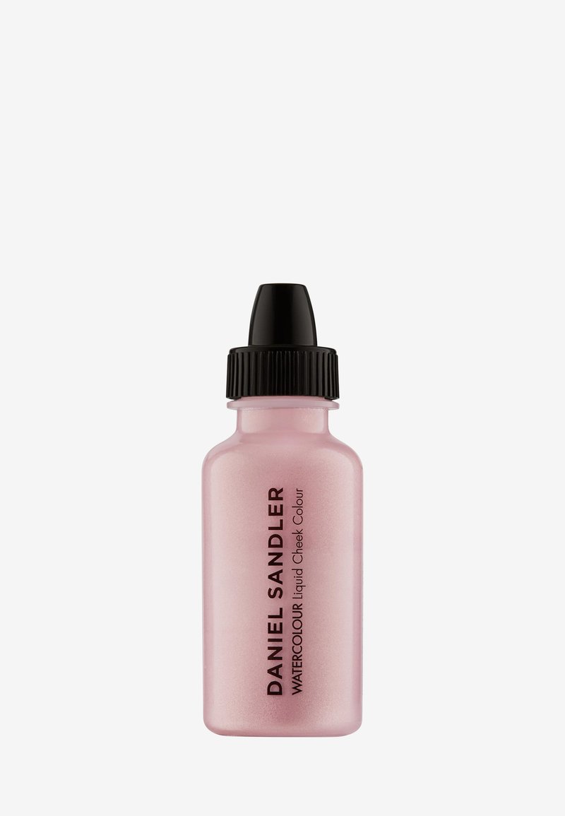 Petite bouteille rose givrée avec bouchon compte-gouttes noir étiquetée Daniel Sandler Watercolour couleur liquide pour les joues.