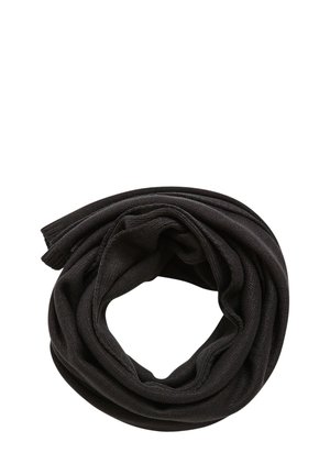 Sciarpa infinita nera in maglia, con una texture liscia e un design a loop continuo, adatta a diverse opzioni di stile.