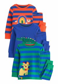 Samling af børns pyjamas i forskellige farver. Har blå, grøn og orange striber med dyreapplikationer: en regnbue-skjoldpadde, krokodille og løve.