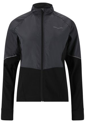 Zwarte en grijze sportjack met een hoge kraag, ritsluiting en reflecterende accenten. Bevat een combinatie van gladde en gestructureerde stoffen.
