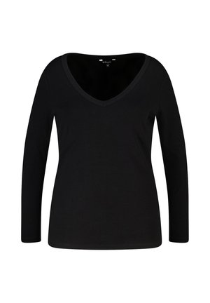 Zwart ribgebreid shirt met lange mouwen, V-hals en getailleerde pasvorm, maat medium.