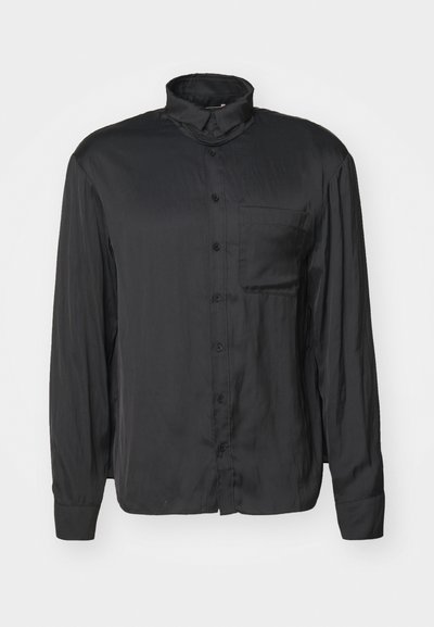 Black long-sleeve shirt made of smooth fabric, featuring a high collar, button placket, and a single chest pocket.