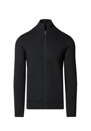 Czarny sweter na zamek z długim rękawem, wysokim kołnierzem, ściągaczami na mankietach i u dołu, prezentowany na białym tle.