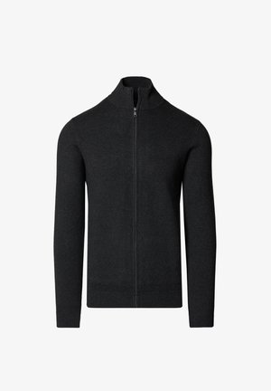 Czarny sweter na zamek z długim rękawem, wysokim kołnierzem, ściągaczami na mankietach i u dołu, prezentowany na białym tle.