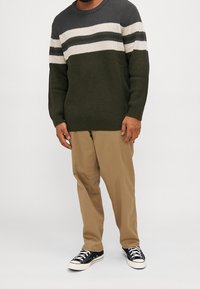 Khakihosen kombiniert mit einem dunkelgrünen und grauen gestreiften Strickpullover. Sie verfügen über ein strukturiertes Strickmuster und schwarze Low-Top-Sneaker mit weißen Sohlen.