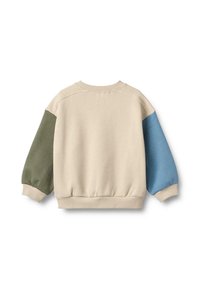 Felpa crema con maniche sovradimensionate verde e blu. Presenta polsini e orlo a costine, una trama di tessuto liscia e un design dalla vestibilità rilassata.
