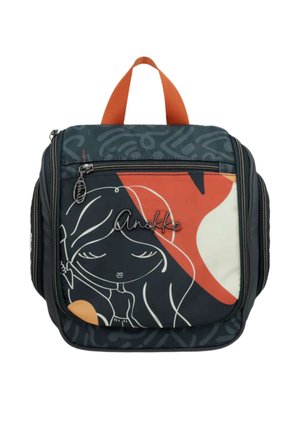 Pochette compatta con cerniera, manico arancione, design astratto e disegno lineare bianco di una ragazza su sfondo scuro.