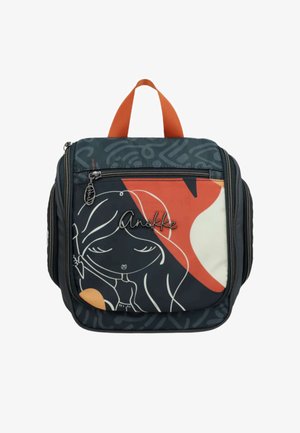 Pochette compatta con cerniera, manico arancione, design astratto e disegno lineare bianco di una ragazza su sfondo scuro.