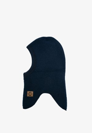 Marineblauwe wollen balaclava met een ronde bovenkant en zijsleuven, voorzien van een getextureerde gebreide rand en een klein leren logo-opdruk.