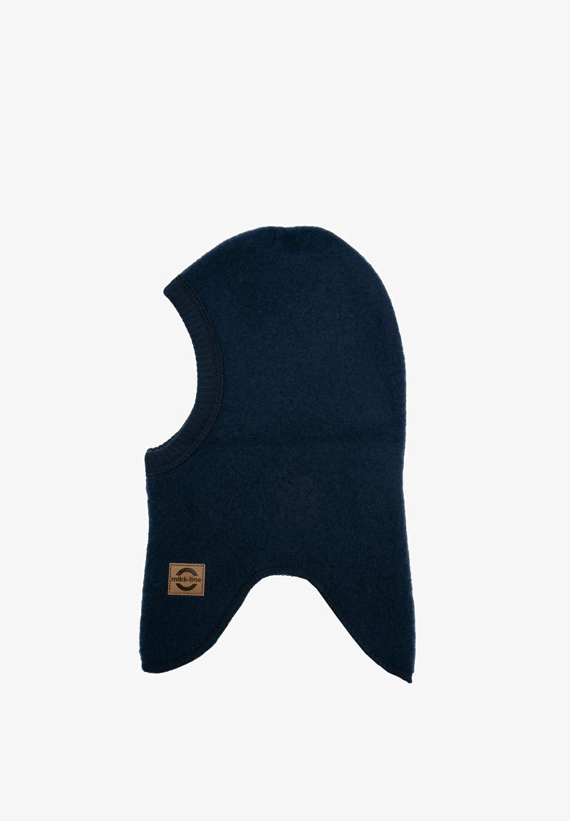 Granatowa wełniana kominiarka z zaokrąglonym wierzchołkiem i otworami po bokach, z wykończeniem z fakturowanej dzianiny oraz małą skórzaną łatką z logo.