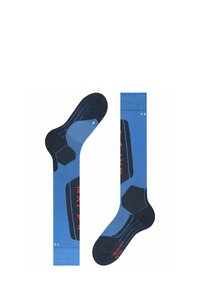 Blaue und dunkelblaue Socken mit hexagonalen Mustern, strukturierten Akzenten und kontrastierenden roten Details. Entworfen für Komfort mit verstärktem Fersenbereich.