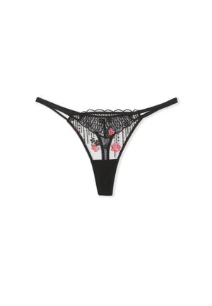 Zwarte kanten string met bloemige borduring in het roze, met een transparante voorkant en scalloped randen, en smalle verstelbare bandjes.