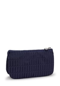 Borsa in tessuto navy con un motivo geometrico testurizzato, forma rettangolare, chiusura con zip e dettagli in metallo argentato.