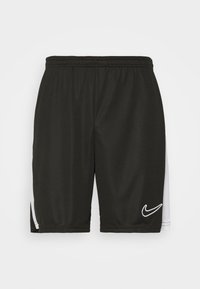 Mustat urheilushortsit, joissa on joustava vyötärö, valkoinen sivupaneeli ja pieni valkoinen Nike-logo alhaalla edessä. Sileä kangas.