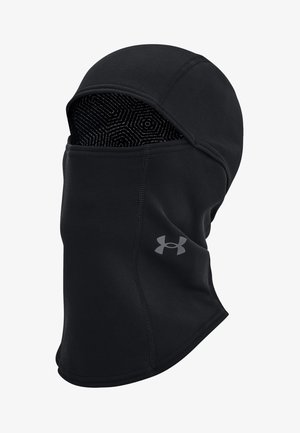 Balaclava, made of stretchy black fabric. Features a seamless design, hexagonal inner pattern, and a small gray logo on the side.