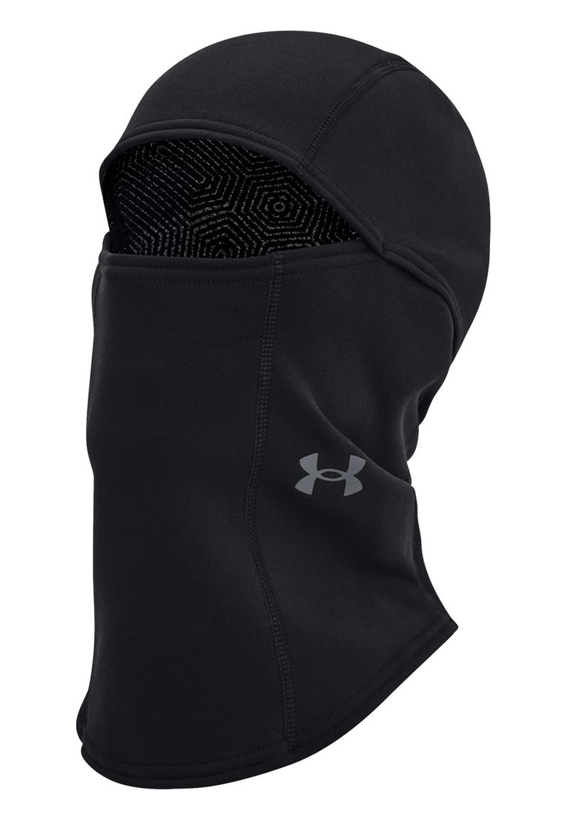 Balaclava, made of stretchy black fabric. Features a seamless design, hexagonal inner pattern, and a small gray logo on the side.