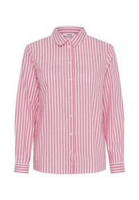 Camisa de manga larga con botón en rayas verticales rosa y blancas, que presenta un cuello clásico y detalles en los puños con acentos de rayas.