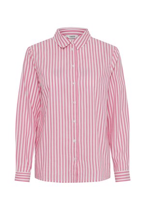 Camicia button-up a maniche lunghe in righe verticali rosa e bianche, con colletto classico e dettagli sui polsini con accenti a righe.