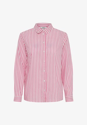 Camicia button-up a maniche lunghe in righe verticali rosa e bianche, con colletto classico e dettagli sui polsini con accenti a righe.