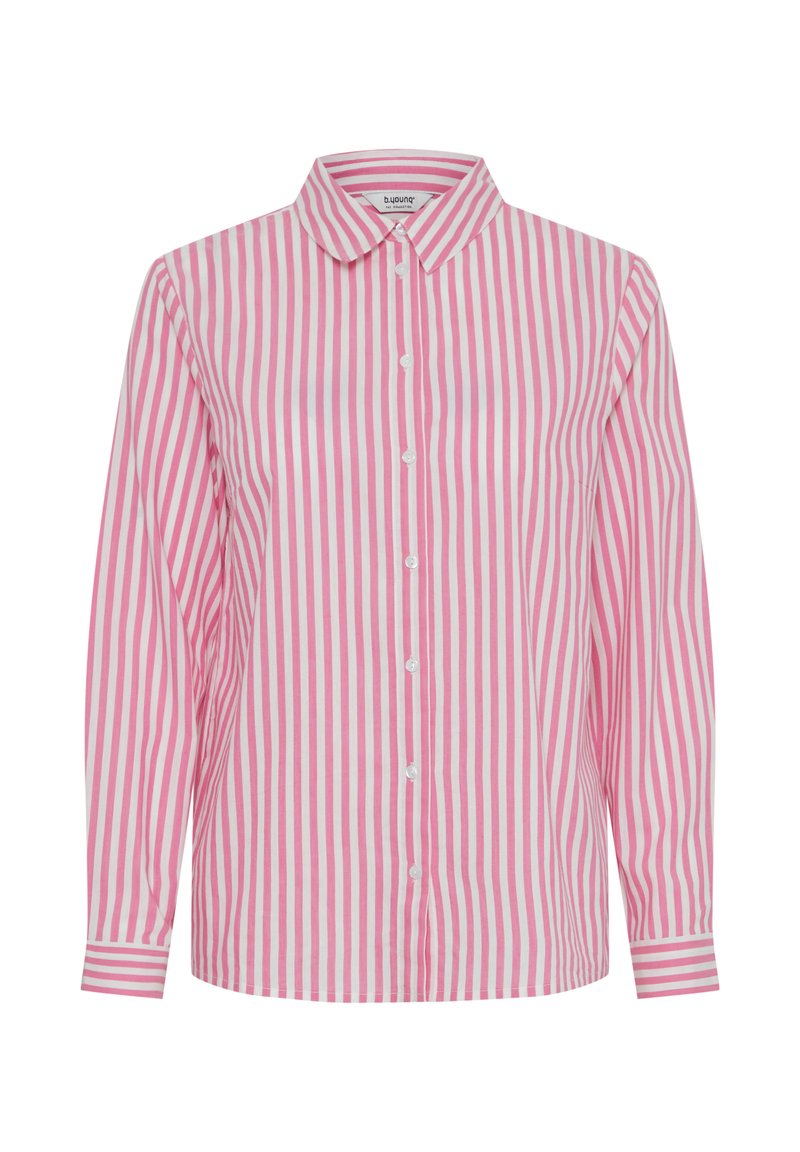 Camisa de manga larga con botón en rayas verticales rosa y blancas, que presenta un cuello clásico y detalles en los puños con acentos de rayas.