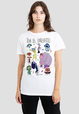 White cotton t-shirt featuring colorful cartoon character graphics and text "IN A MOOD," with accents including stars and expressions.