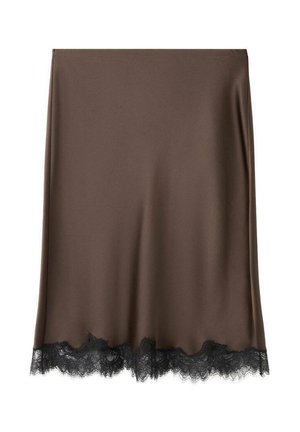 Rjava satenasta krilo z črnim čipkastim robom na spodnjem delu. Tkanina je gladka na otip, s pravim, do kolen segajočim krojem.