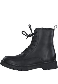 Botte noire en cuir jusqu'à la cheville avec un laçage, bout rond, col rembourré et semelle épaisse en caoutchouc avec un motif de traction.