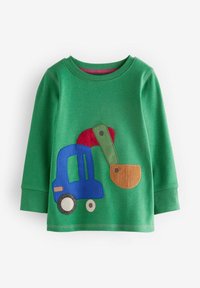 Sweatshirt vert à manches longues mettant en avant un camion bleu avec une pelle orange et des accents rouges, fabriqué en coton doux et texturé.