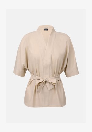 Béžový kimono styl top s krátkými rukávy, s opaskem na zavazování v pase a texturovanou látkou s jemnými pruhy.