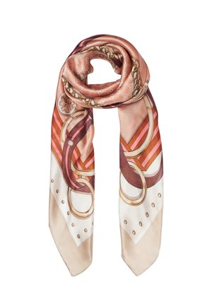 Écharpe en soie aux tons rose, beige et marron avec des motifs de chaînes et de ceintures, pliée avec les extrémités pendantes.