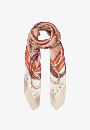 Écharpe en soie aux tons rose, beige et marron avec des motifs de chaînes et de ceintures, pliée avec les extrémités pendantes.