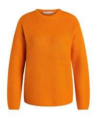 Maglione arancione a maglia con maniche lunghe, scollo rotondo e motivo testurizzato. Il materiale sembra morbido e spesso. Nessun dettaglio hardware visibile.