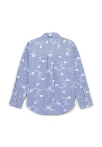 Camicia a righe blu e bianche con motivo floreale, maniche lunghe e colletto a punta. Realizzata in tessuto leggero.