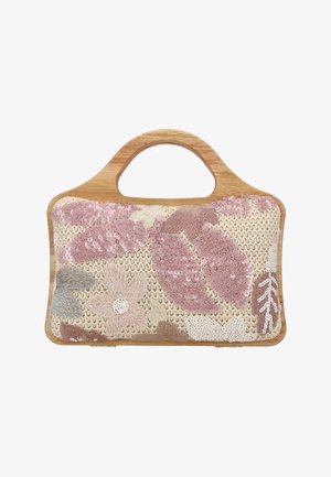 Borsa floreale con corpo in tessuto beige decorato con fiori ricamati rosa e grigi, paillettes e manico in legno per una presa comoda.