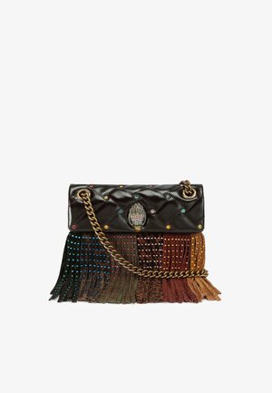 Black quilted leather handbag with colorful fringe, metallic studs, gold chain strap, and decorative clasp resembling a hand motif.